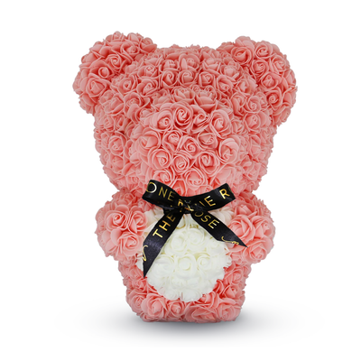 Medium Standing Rose Bear 40cm- Pink with White Heart